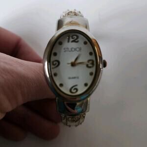 Studio Time Womens Watch Oval Quartz Gold Toned Cuff Bracelet STD953T